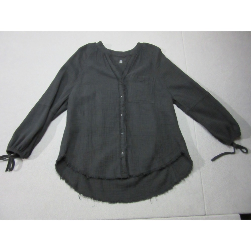 Aerie Shirt Womens 2XS Black Gauzy Daybreak Coverup Raw Hem Tie Cuff V-Neck